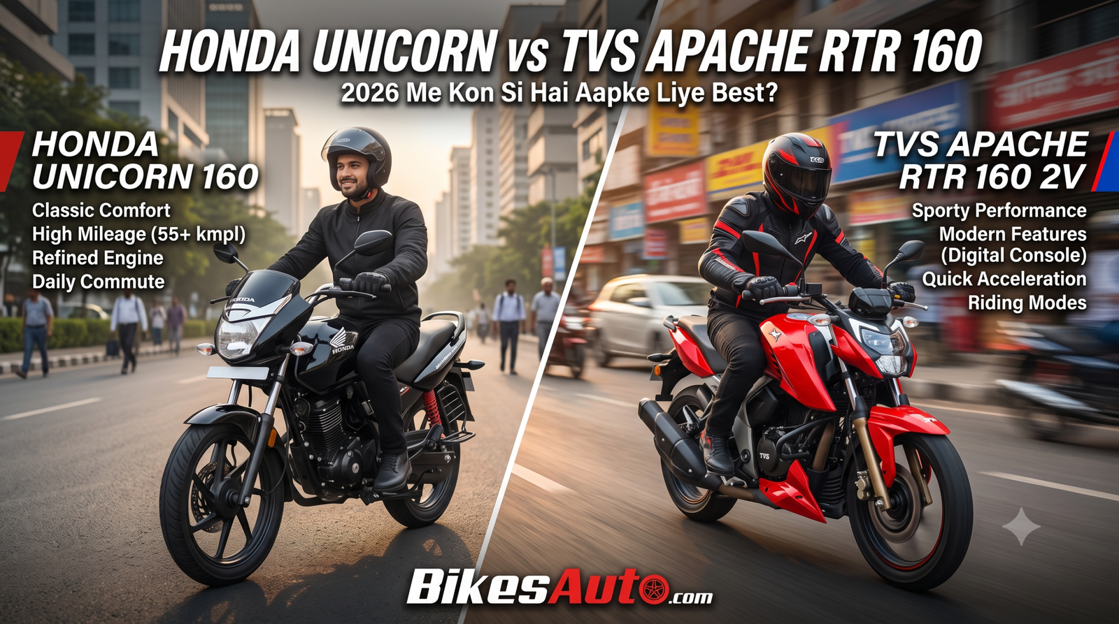Honda Unicorn vs TVS Apache RTR 160 Comparison - BikesAuto